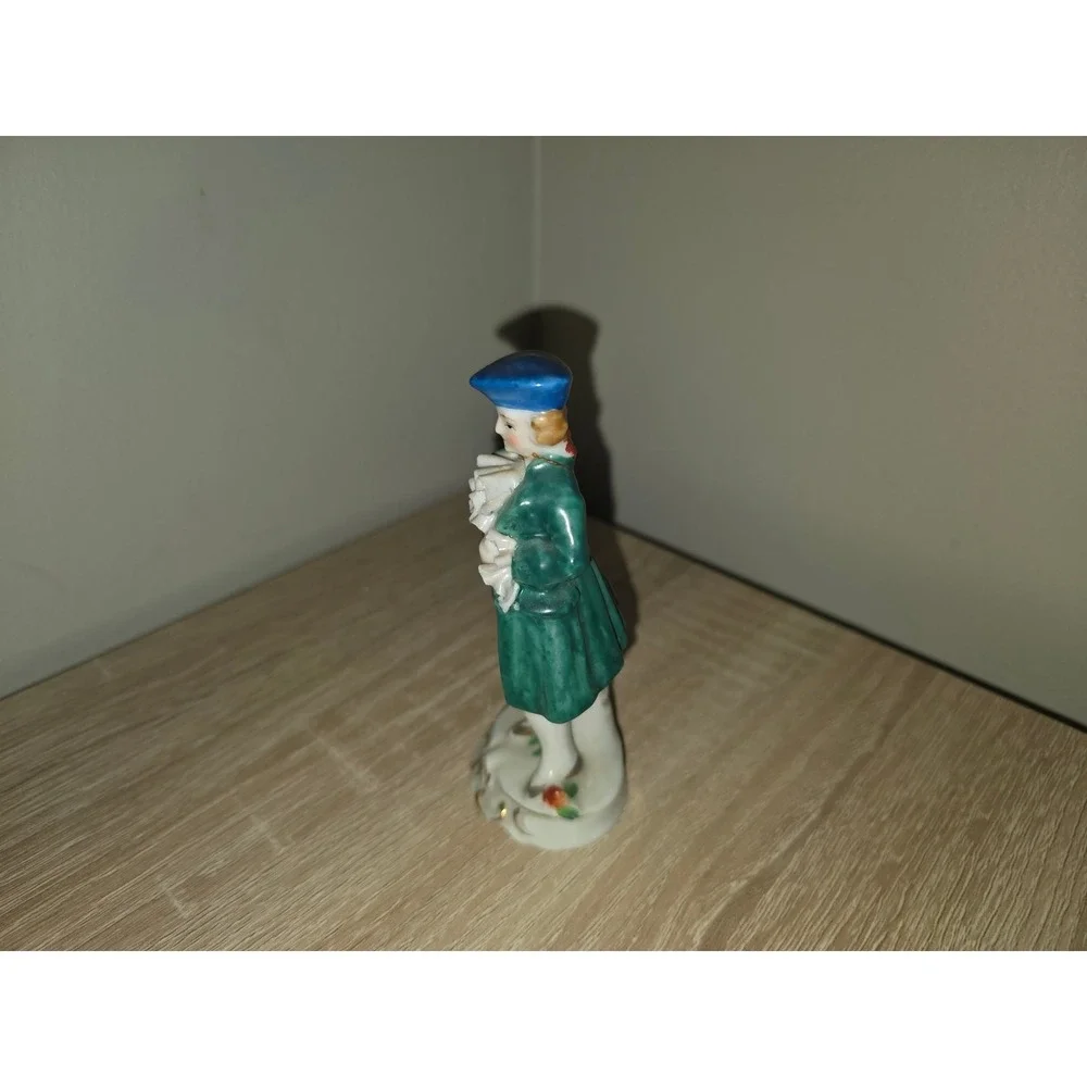 Vintage Occupied Japan Porcelain Gentleman Figurine Green Coat Blue Hat 1940s